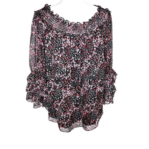 CeCe Black Pink Floral Layered Off the Shoulder Blouse Ruffled Sleeves - Picture 1 of 8